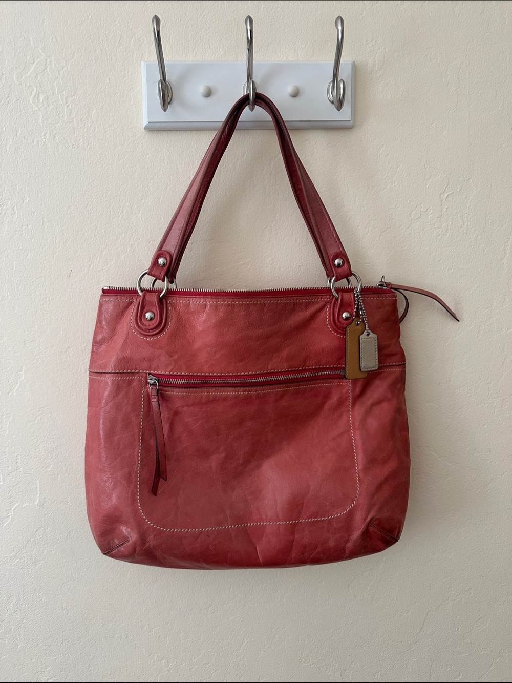 Coach Red Leather Shoulder Tote with Front Zip Pocket